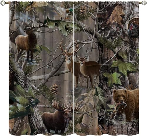Wusihorld Rustic Blackout Curtains Home Decor,Country Style Rustic Cabin Wildlife Moose Deer Bear Rod Pocket Thermal Insulated Drapes Darkening Window Curtain for Bedroom Living Room 63 x 63 Inch