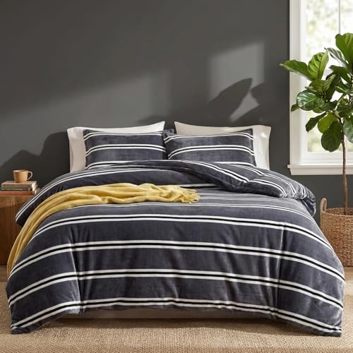 Bedbay Gray Striped Comforter Set Queen Size Luxury Velvet Comforter Quilt Sets Soft Warm Velvet Fluffy Bedding 3 Pcs Grey White Stripes Pattern Queen Bed Set for All Seasons