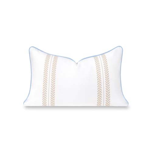 "Hofdeco Premium Coastal Hampton Patio Indoor Outdoor Lumbar Pillow Cover Only, 12""x20"" Water Repellent for Backyard, Couch, Poolside, Neutral Tan Blue Print Leaf Striped"