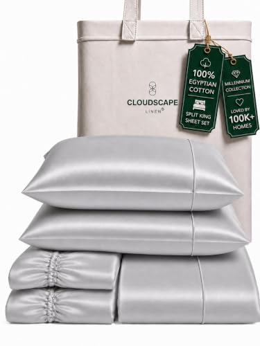 Cloud Scape Linen Engineered Dual-Ply Egyptian Cotton Split King Sheet Set for Adjustable Bed ??? Long-Staple Sateen Weave, 5-Pcs Soft Hotel Quality Bedding Set,Deep Pockets Up to 17???, Silver