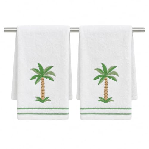 Coastal Bathroom Hand Towels ??? Set of 2 White 100% Cotton Embroidered Tropical Palm Tree Design ???18x12??? Decorative Bath & Kitchen Towels