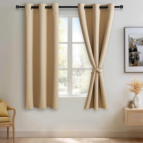 JIUZHEN Beige Blackout Curtains with Tiebacks - Thermal Insulated, Light Blocking and Noise Reducing Grommet Curtain Drapes for Bedroom and Living Room, Set of 2 Panels, 42 x 63 Inch Length