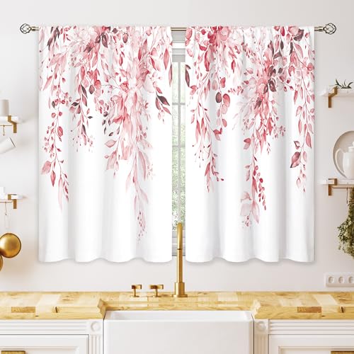 oolygoo Pink Eucalyptus Botanical Leaves Farmhouse Floral Small Kitchen Curtains Flower Window Treatment Wildflower Plant Cafe Short Window Curtains for Bathroom Room Tier Treatment Drape 26x36 inch