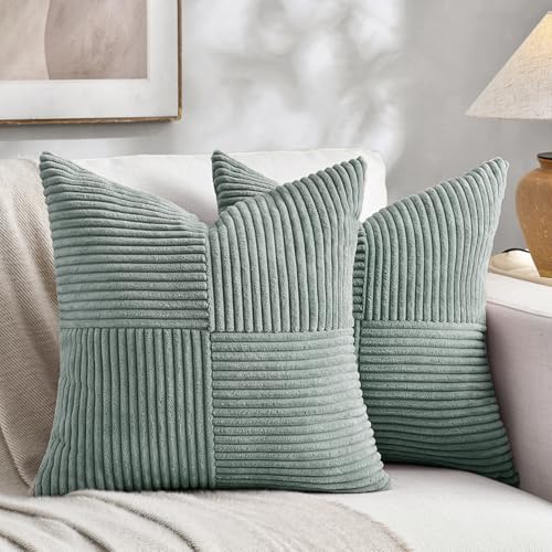 Fancy Homi 2 Packs, Grey Blue Decorative Cushion Cover for Couch Bed Sofa Rustic Farm Boho Home Decor Soft Corduroy Corss Patchwork Textured Square Cushion Cover 45x45cm