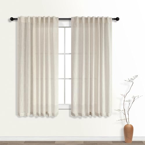 KOUFALL Farmhouse Kitchen Curtains Sets for Windows Over Sink,Boho Linen Rustic Sheer RV Curtains for Camper Windows,45 Inch Long,Tan Beige