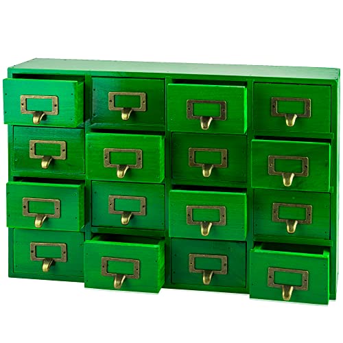 "Emerald Green Wood 16-Drawer Apothecary Small Cabinet - 20"" x3.6???x14??? Card Catalog Style Table Top Organizer - Wooden Storage Box w/16 Drawers - 4-Level Countertop Organizer w/Label Holders & Handles"