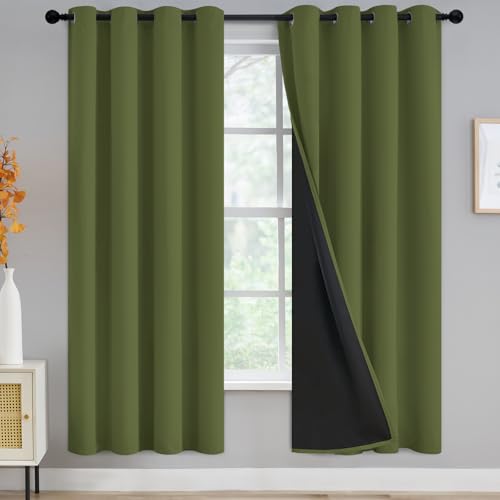 Yakamok 100% Blackout Curtains for Bedroom 72 Inch Length, Total Light Blocking Drapes with Black Backing, Thermal Insulated Solid Grommet Panels for Living Room, 2 Panel, 52Wx72L, Olive Green