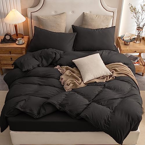 PURE ERA Jersey Knit Duvet Cover Set 100% T-Shirt Cotton Super Soft Comfy 3pc Bedding Set with Zipper Closure (Solid Black, King)