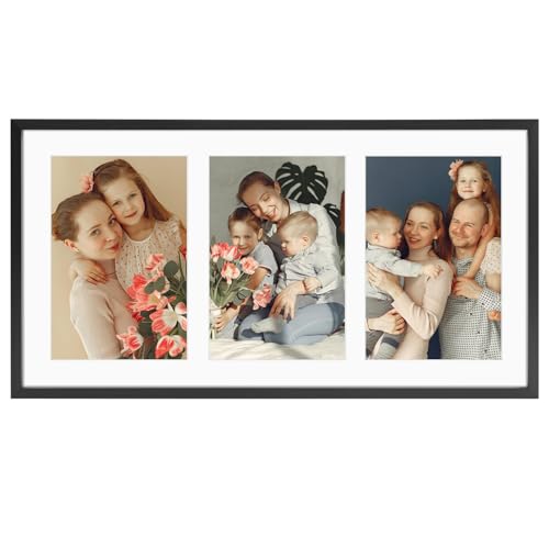 Golden State Art, 5x7 Aluminum Collage Frame, Displays 7x5 Pictures With 3 Openings Mat or One 8.5x16.3 Photo, Real Glass, Portrait/Landscape Wall/Tabletop Display, Black, 1 Pack