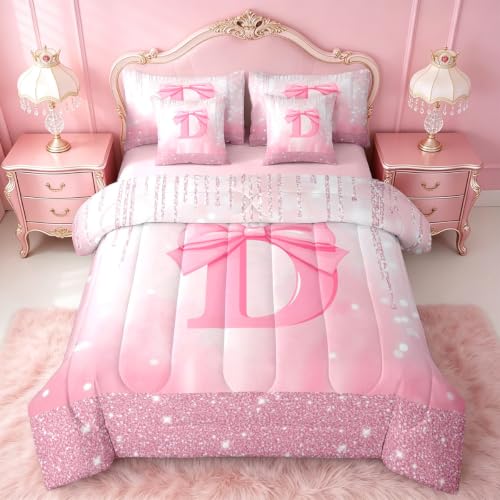 Feelyou Kids Pink Bowknot 7 Pieces Bedding Set Full Size, Personalized Initial D Bed in A Bag Princess Glitter Comforter Set with Sheets Boys Girls Bow Alphabet Teens Bed Set Bedroom Decor 7Pcs