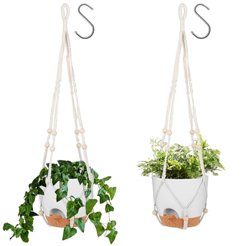 GARDIFE 8 inch Hanging Planters with Mcreme Plant Hanger for Indoor and Outdoor Plants, 2 Pack Large Self Watering Hanging Plant Pot with Basket Flower Pot with Drainage Hole (White)