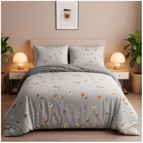 GC GAVENO CAVAILIA Croissants Duvet Cover Single With Pillow Case, Grey - Breathable, Washable Super Soft Single Duvet Cover Set - 2 Piece Bedding Set Reversible Quilt Cover Button Closure, 135x200cm