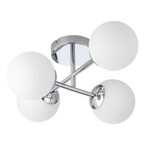 Eglo Ceiling Light Fixture Castrovido, Flush Mount lamp with Four Glass Globes, Metal and White Glass, Chrome Finish, Lighting for Living Room, Includes Warm G9 Bulbs
