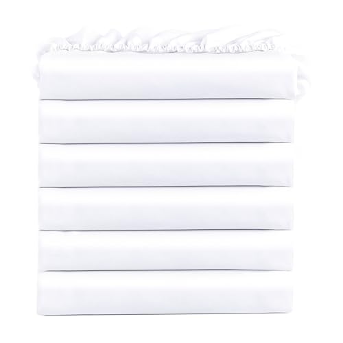 FreshCulture Queen Fitted Sheets, Bulk Pack of 6, Deep Pocket, Soft Microfiber Bottom Sheets for Home, Salons, Hotels, Queen Size Fitted Sheets Only (White)
