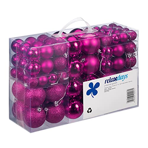 Relaxdays Christmas Baubles Set of 100 Christmas Decorations Matte Shiny Glitter Christmas Tree Baubles Diameter 3, 4 & 6 cm Pink