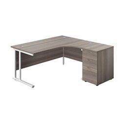 Office Hippo Heavy Duty Right Corner Radial Desk With 3 Drawer High Storage, Home Office or PC Desk, 5 Yr Wty, MFC - Grey Oak, White Frame, 160cm x 160.4cm