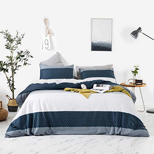 SUSYBAO Navy Stripe Duvet Cover King 3 Pcs Set 100% Cotton Blue White Striped Duvet Cover 2 Pillowcases Luxury Soft Stylish Bedding Set