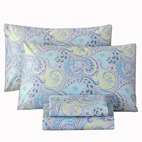 RYNGHIPY Cotton Sheets Floral Print Full Size Sheet Sets Flower Botanical Pattern Egyptian Cotton Bed Sheets Soft and Breathable Deep Pockets (Blue,Full Size)