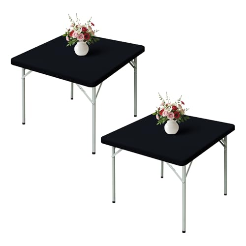 Wolkemer 2 Pack 3 Foot Black Fitted Tablecloth 36x36 Inch Square Elastic Edges Table Cloth, Spandex Stretch Table Cover with Machine Washable Fabric for Wedding Party Picnic Dining Indoor Outdoor