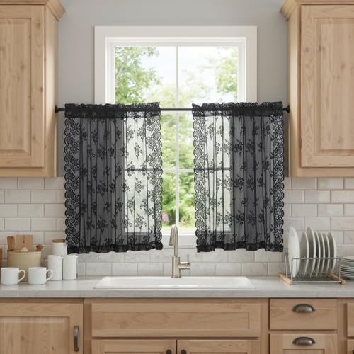 Kotile Black Lace Curtains, 30 inches Length, 2 Panels, Country Style, Gothic, Floral Pattern, Short Lace, Kitchen Window Curtains over Sink, Rod Pocket, Privacy, Sheer, Gothic Lace,