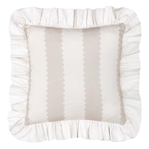 furn. Wylder Birdie Stripe Feather Filled Cushion – Ruffle Edge Cotton Striped Decorative Pillow (Oat/Milk – 45x45cm)