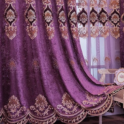 Amidoudou 1 Pair European Luxury Embroidered Curtains for Living Room Bedroom Chenille Curtains (Purple,63x84 Inch)