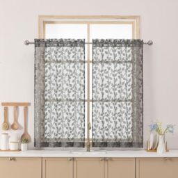 "Chyhomenyc Charcoal Grey Sheer Curtains 36 Inch Length, Light Filtering Leaf Tufted Textured Small Kitchen Curtain Over Sink, Short Half Window Curtains for Bathroom Basement, 30"" Wx36 L, 2 Panels"