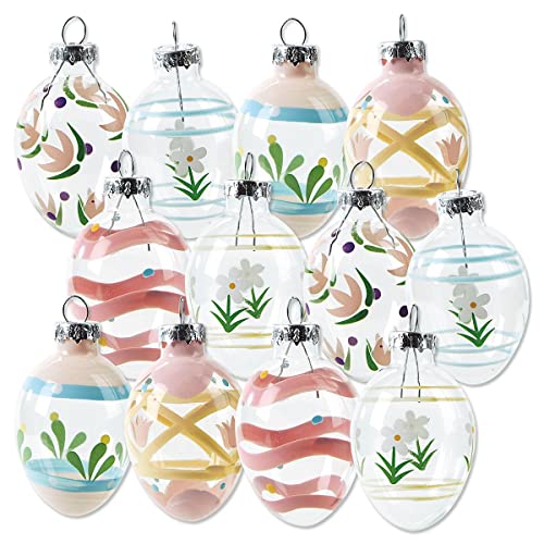 Lillian Vernon Hand Painted Pastel Glass Easter Egg Ornaments - Holiday Home Decor, Spring Themed Tree Decorations, Outdoor & Indoor Use, 1 Inches x 2 Inches, 6 Designs, Set of 12