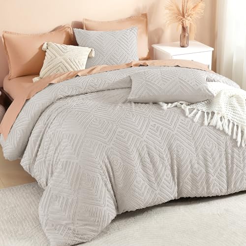 Litanika Queen Size Comforter Set, 3 Pieces Tufted Boho Bedding Set - Linen Grey Farmhouse Shabby Chic Vintage Bohemian Textured Aesthetic Soft Fluffy Lightweight Breathable All Season Bed Set