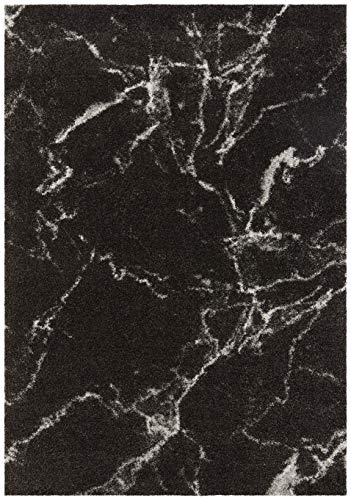 Mint Rugs Mayrin High Pile Living Room Rug Soft Fluffy Long Pile Shaggy Flokati Modern Design in Marble Look for Children's Room Bedroom Kitchen Hallway Black Cream 120 x 170 cm, Polypropylene