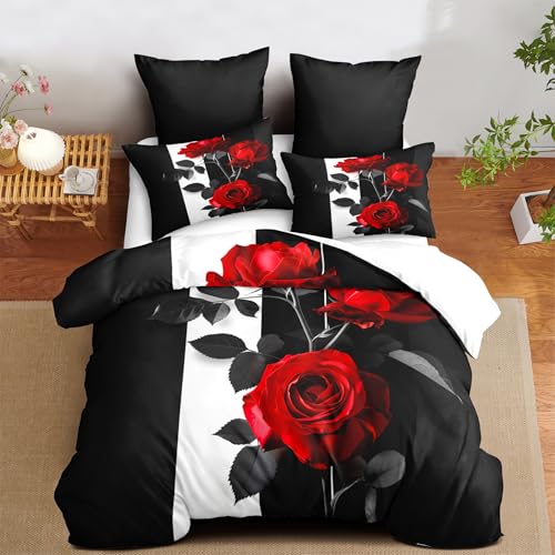 CCoutueChen Rose Comforter Set Queen Black Red Bedding Set Striped Floral Bedding for Women Aesthetic Comforter with 2 Pillowcases, Ultra Soft Lightweight 3Pieces