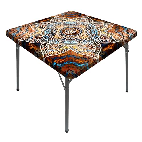"Square Tablecloth with Elastic Waterproof Outdoor Card Table Cover Fitted Table Cloth Fit 34x34 Inch Kitchen Patio Dinning (Brown, 34"" x 34"" (Square))"