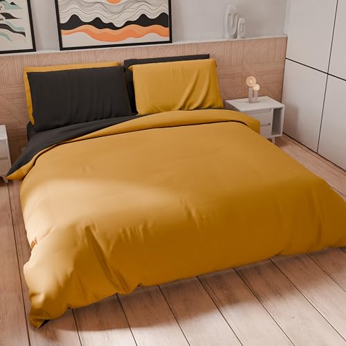 PETTI Artigiani Italiani - Maxi Double Duvet Cover Set 240 x 220 cm (2 Pillowcases 80 x 80 cm Included), Soft Microfibre Duvet Cover Set, Plain Yellow Ochre - Black