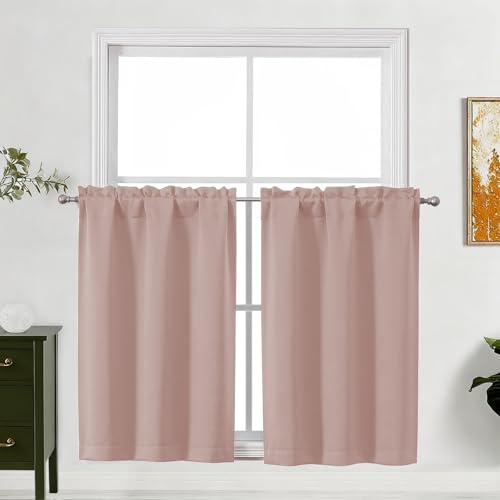 "Lecloud Blush Pink Kitchen Curtains 36 Inch Length 2 Pcs, Modern Farmhouse Decor Privacy Room Darkening Curtain, Short Window Drapes Rod Pockets for Bedroom Cafe Basement, Each Panel 30"" W x 36"" L"