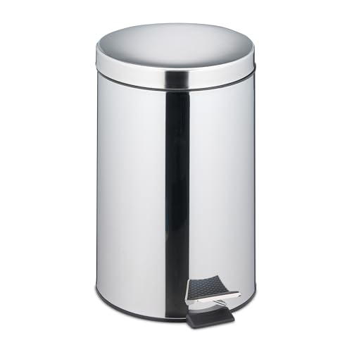 Relaxdays Kitchen Bin, 20 Litres, Mirror-Polished Stainless Steel, Trash Can, Removable Inner Bucket, Foot Pedal, Silver