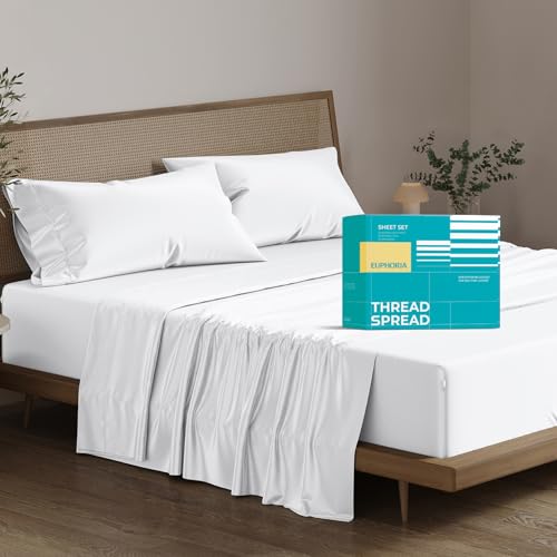 "THREAD SPREAD 100% Egyptian Cotton Sheets California King Size - 800 Series Euphoria Collection Luxury Cal King Size (4 PC, White), Soft Cooling, 16"" Deep Pocket Hotel Sheets"