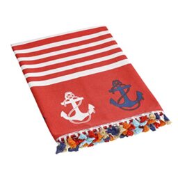 Baroni Home Beach Towel with Colourful Tassels, Sarong, Yoga Towel, Hammam Beach Towel, Super Absorbent and Quick Drying, Eco-Friendly, 90 x 170 cm (Red Anchors)