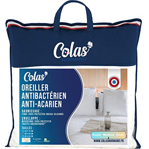 Colas Normand Pillow Anti Mite and Antibacterial - Soft - 60 x 60 cm - Long-lasting Action - Perfect Hygiene - Microfibre - Soft and Comfortable - Washable - French Made - White