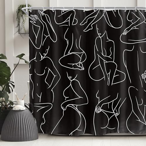 SVBright Abstract Women Shower Curtain 72Wx72L Inch Modern Black White Minimalist Line Art Ladies Aesthetic Body Creative Sketch 12 Pack Hooks Polyester Waterproof Fabric Bathroom Bathtub Panels