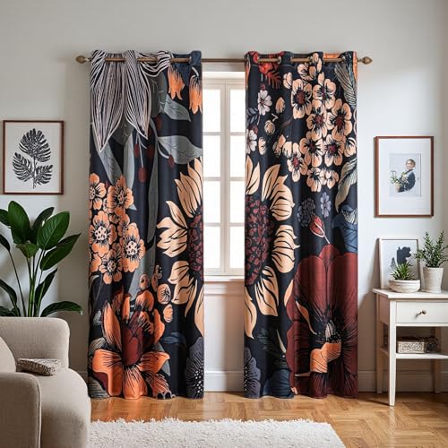 Boho Floral Blackout Curtains 84 inch length 2 Panels Set Rustic Vintage Flowers Retro Country Patterned Black Out Curtains Thermal Insulated Darkening Window Drapes for Bedroom Living Room 52x84 in