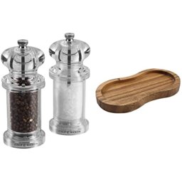 Cole & Mason H50518P 505 Clear Salt and Pepper Mills - Precision+ - Acrylic - 140mm & T&G 10469 Tuscany Acacia Double Mill Rest / Work Surface and Dining Table Protector, 16 x 9 x 1.5 cm, Brown