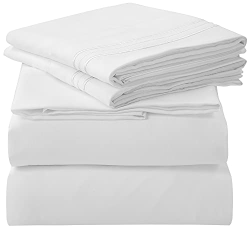 Royale Linens - 4 Piece California King Bed Sheet - Brushed Microfiber 1800 Bedding - 1 Fitted Sheet, 1 Flat Sheet, 2 Pillow case - Wrinkle & Fade Resistant Cal King Size Sheet Set (King Cal, White)