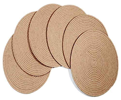 WENFOME Woven Burlap Placemats Round Braided Natural Handmade Placemats 13.8 Inch Heat Resistant Non-Slip Pot Holders for Table Decoration Pack of 6