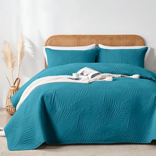 OARAGE Twin Quilt Bedding Set Teal Soft Lightweight Bedspread with Leaf Pattern Ultrasonic Microfiber Bed Coverlet for All Season (1 Quilt,1 Sham)