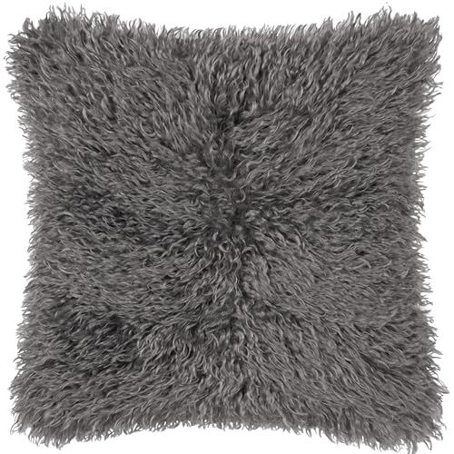 furn. Rowan Polyester Filled Cushion – Soft Faux Fur Mongolian Style Decorative Cushion with Velvet Reverse (Grey - 50x50cm)