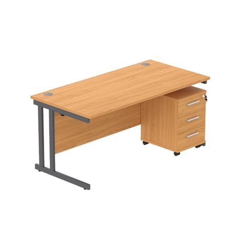 Office Hippo Heavy Duty Contract Grade Office Desk Workstation and Lockable 3-Drawer Pedestal Set, 120kg Weight Tolerance, 5-Year Warranty, FSC Certified, Norwegian Beech, Graphite Legs, 1600 x 800mm