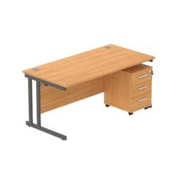 Office Hippo Heavy Duty Contract Grade Office Desk Workstation and Lockable 3-Drawer Pedestal Set, 120kg Weight Tolerance, 5-Year Warranty, FSC Certified, Norwegian Beech, Graphite Legs, 1600 x 800mm