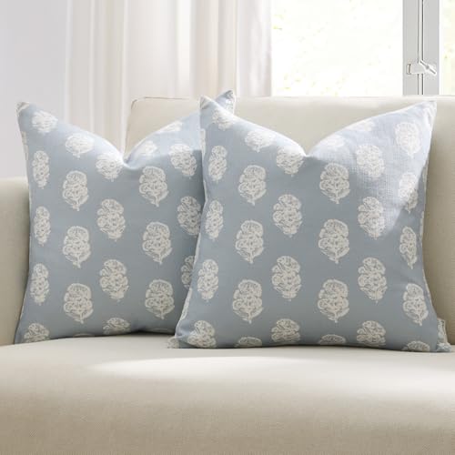 Meekio Set of 2 Light Blue Pillow Covers with White Floral Block Print 16 x 16 inches Linen Throw Pillow Covers for Sofa Couch Decor
