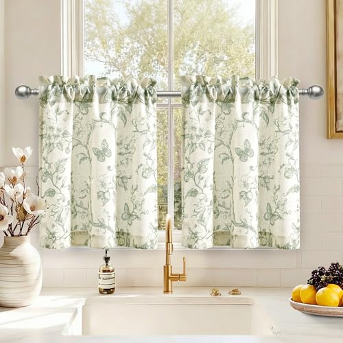 DWCN Linen Kitchen Curtains 36 Inch Length, Floral Short Curtains Small Drapes for Living Room, Bathroom, Cafe, Small Window, Farmhouse Rod Pocket, 2 Panels, Green on Beige, W30 x L36