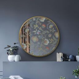 "MirrorOutlet The Satis - Gold Frame edged Modern Round Circular Wall Mirror With Art Decals 24"" X 24"" (60CM X 60CM) Silver Mirror Glass with Gold Metal Frame New, 61 x 61 x 1"